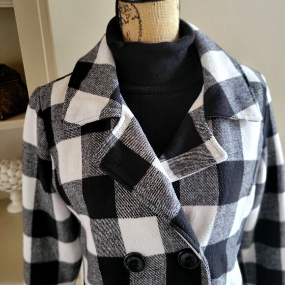 Black & White Plaid Double-Breasted Peacoat Jacket By Me Jane M - Picture 3 of 7